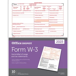 Office DepotĀ® W-3 Laser Tax Forms, 1-Part, 8-1/2" x 11", Pack Of 10 Forms, 520091025