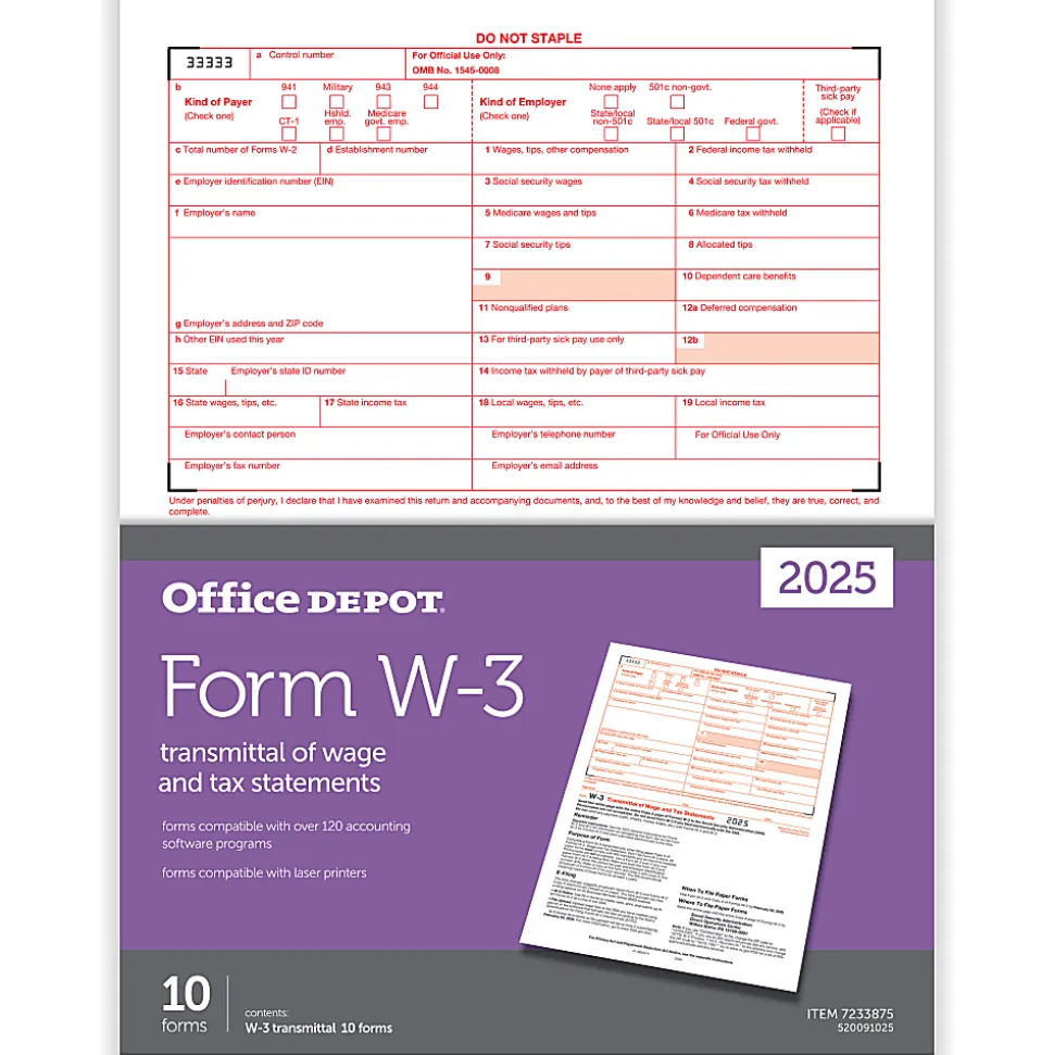 Office Depot® W-3 Laser Tax Forms, 1-Part, 8-1/2" x 11", Pack Of 10 Forms, 520091025