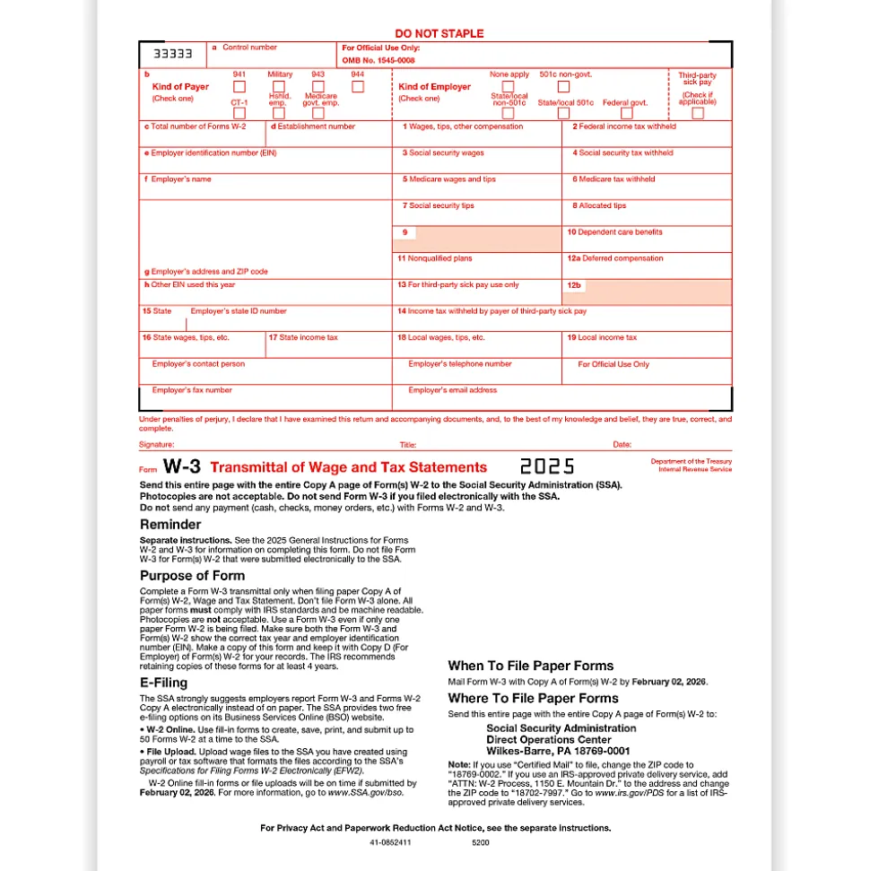 Office Depot® W-3 Laser Tax Forms, 1-Part, 8-1/2" x 11", Pack Of 10 Forms, 520091025