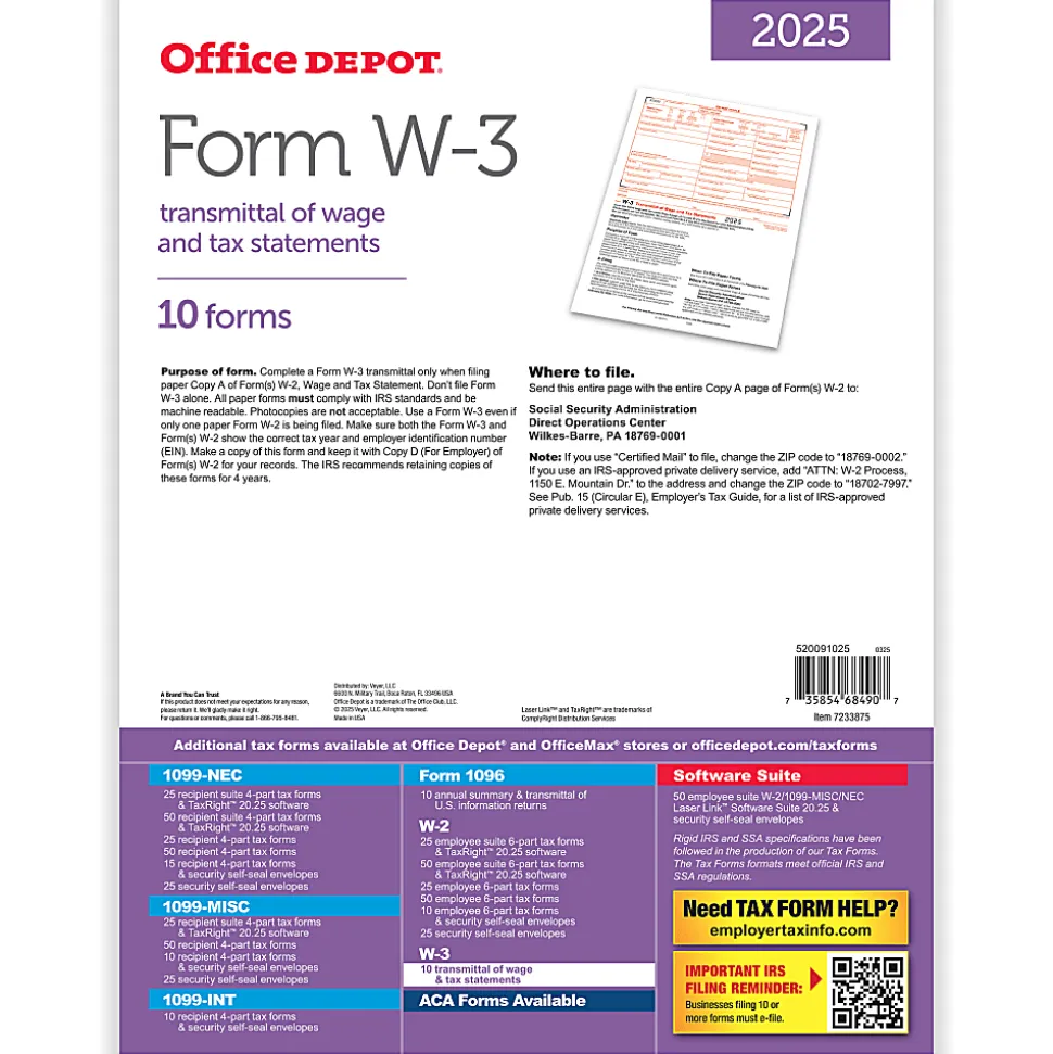 Office Depot® W-3 Laser Tax Forms, 1-Part, 8-1/2" x 11", Pack Of 10 Forms, 520091025