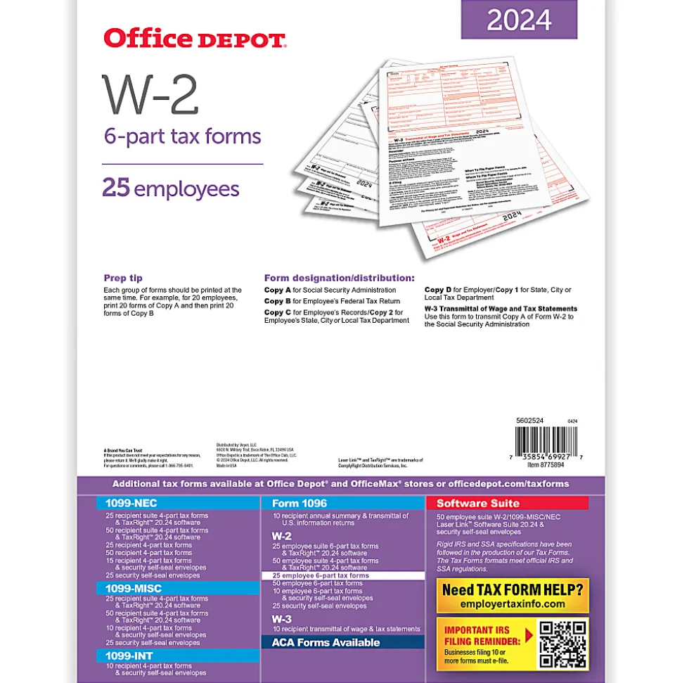Office Depot® W-2 Laser Tax Forms, 6-Part, 2-Up, 8-1/2" x 11", Pack Of 25 Form Sets, 5602524