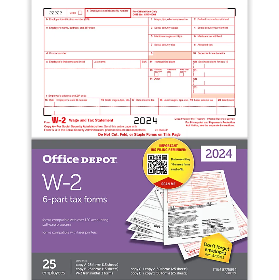 Office Depot® W-2 Laser Tax Forms, 6-Part, 2-Up, 8-1/2" x 11", Pack Of 25 Form Sets, 5602524