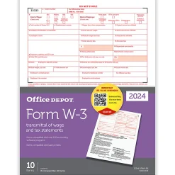 Office DepotĀ® W-3 Laser Tax Forms, 1-Part, 8-1/2" x 11", Pack Of 10 Forms, 520091024