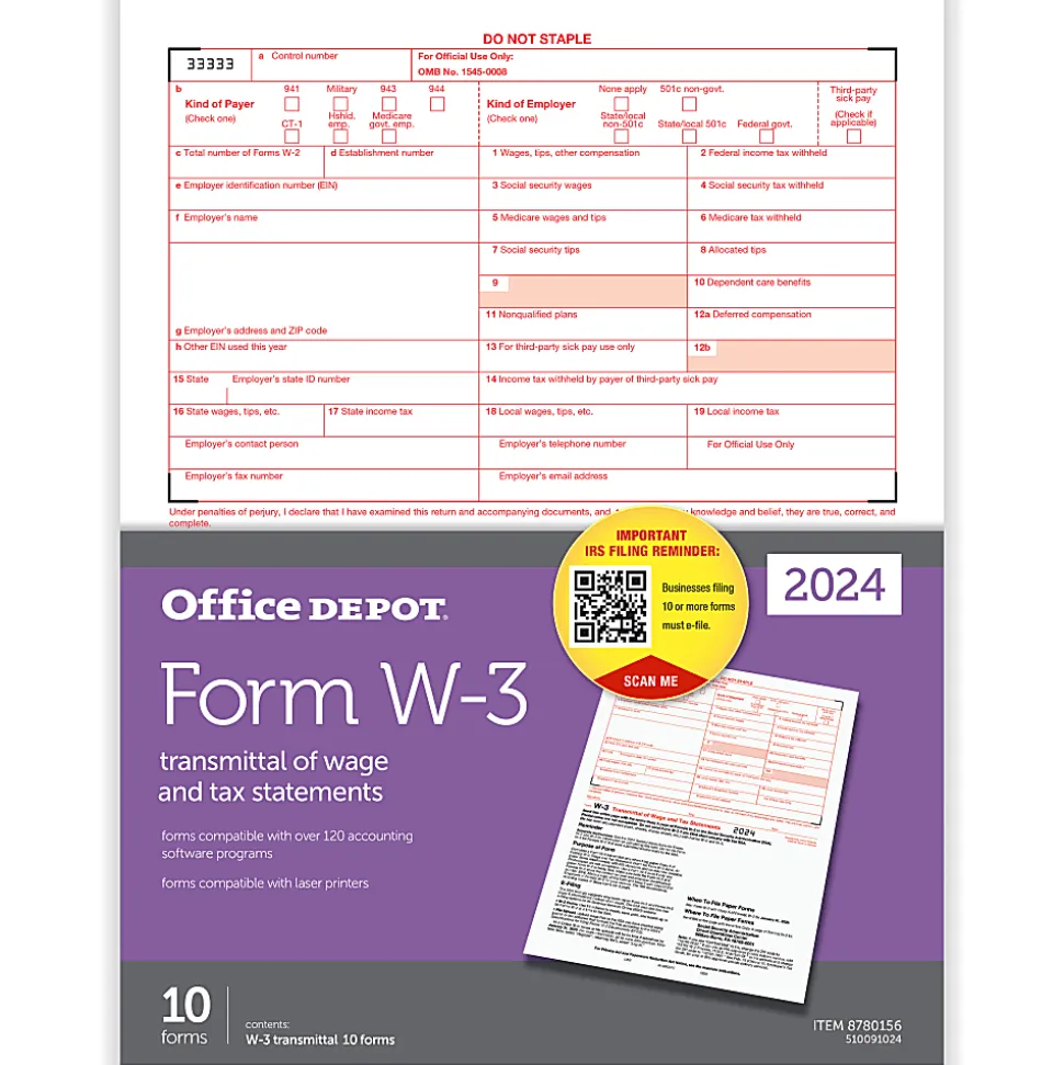 Office Depot® W-3 Laser Tax Forms, 1-Part, 8-1/2" x 11", Pack Of 10 Forms, 520091024