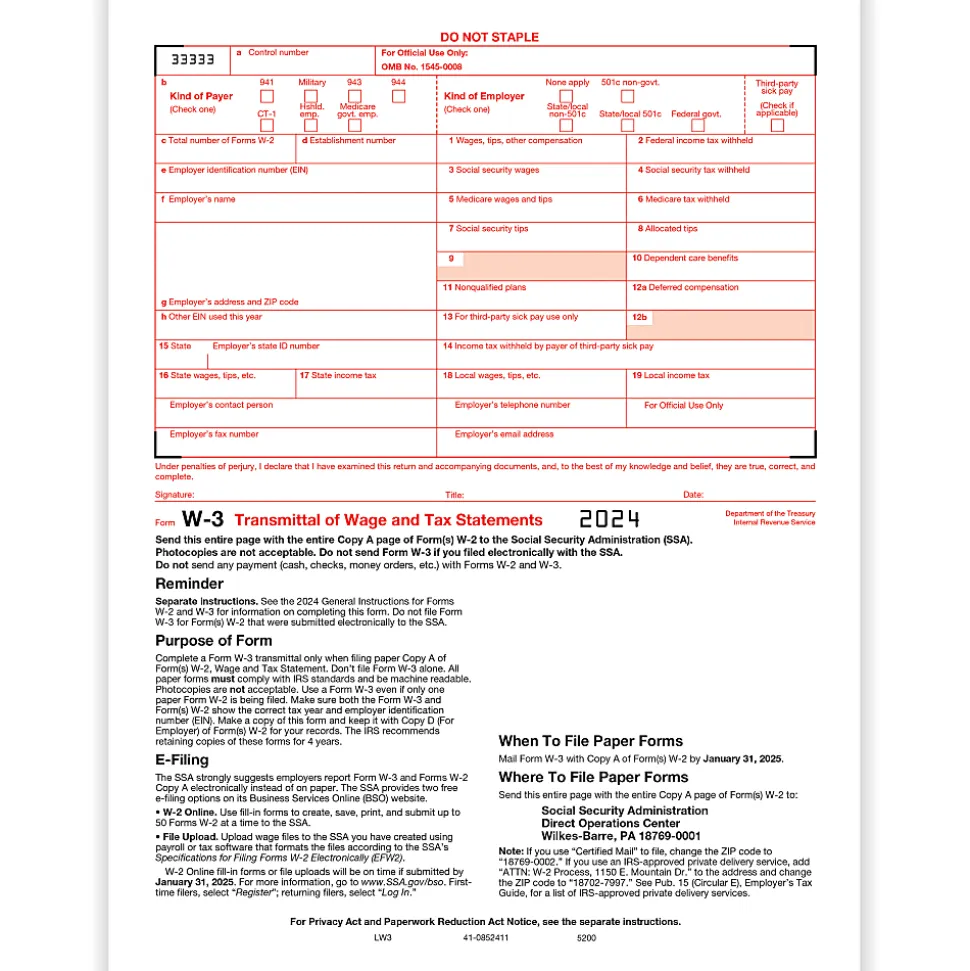Office Depot® W-3 Laser Tax Forms, 1-Part, 8-1/2" x 11", Pack Of 10 Forms, 520091024