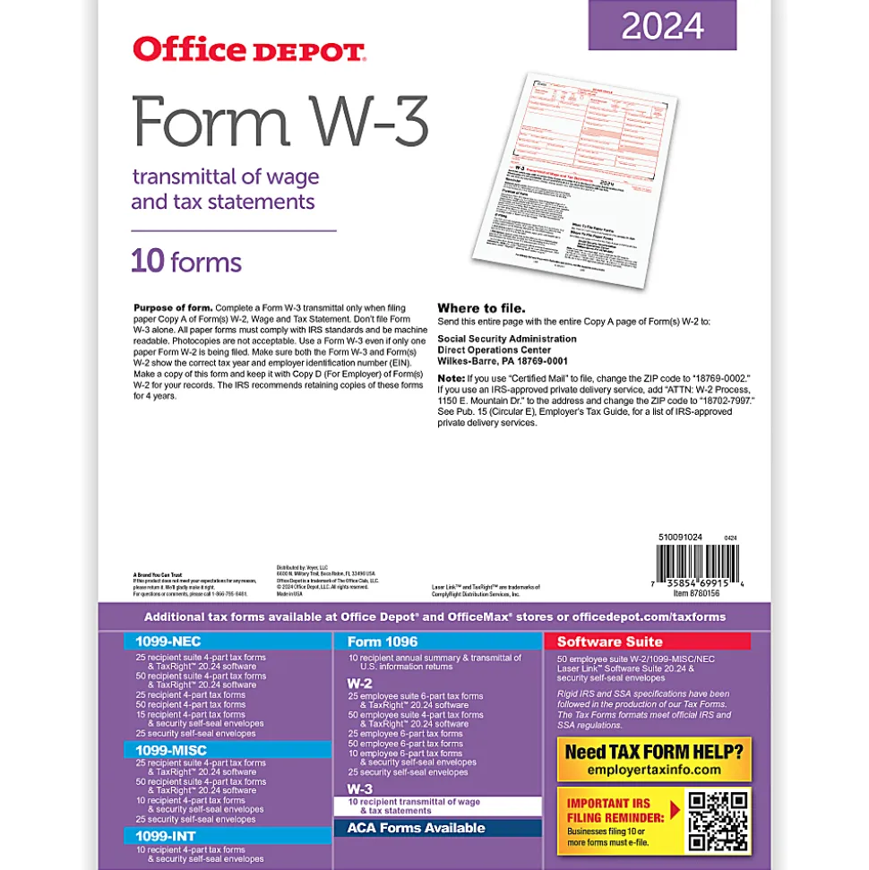 Office Depot® W-3 Laser Tax Forms, 1-Part, 8-1/2" x 11", Pack Of 10 Forms, 520091024