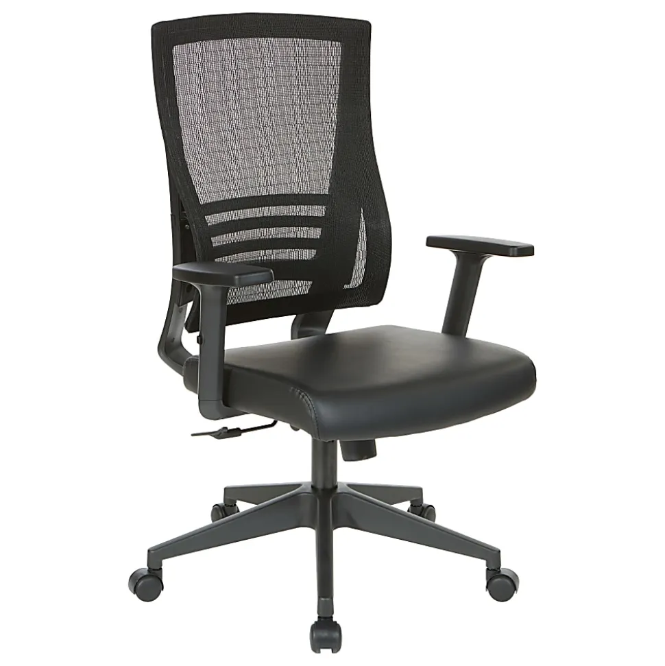 Office Star™ Work Smart Faux Leather Mesh Back Manager Chair, T Arms, Black