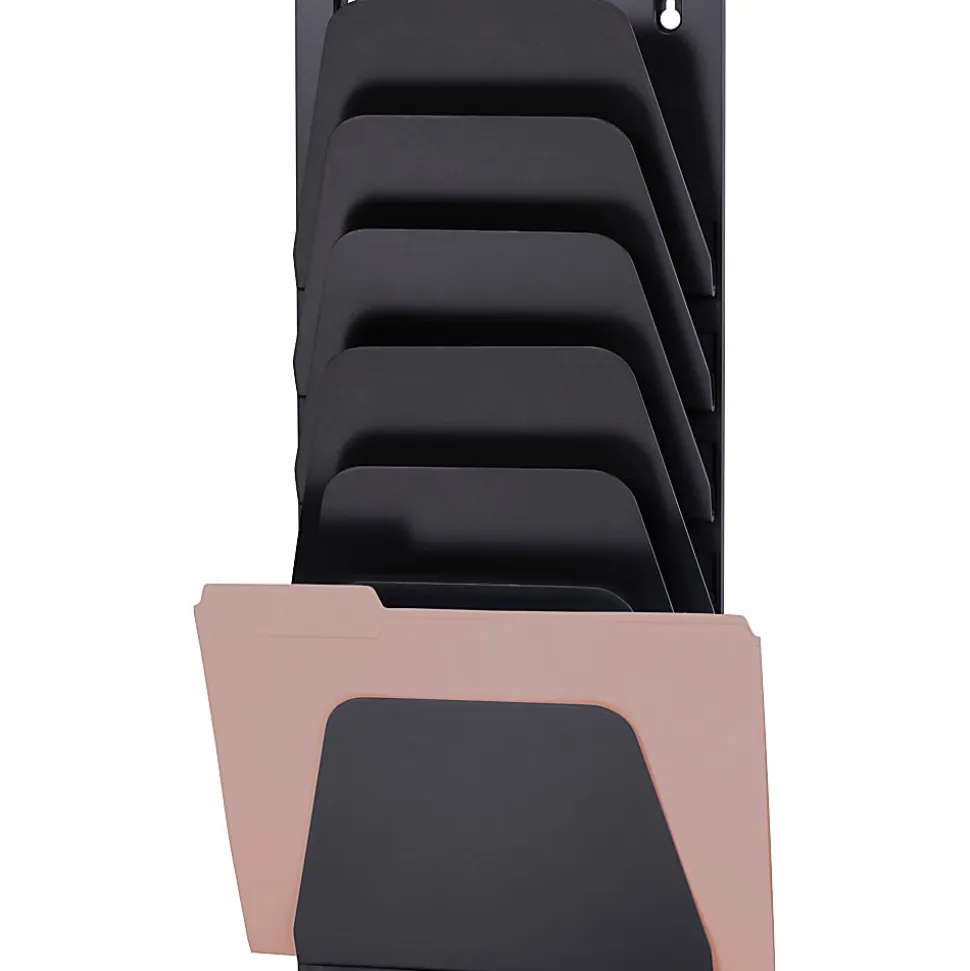 OIC 7 Compartment Wall File Holder, 7 Compartment(s), 22.4"H x 9.5"W x 2.9"D, Wall Mountable, Black, Plastic, 7 / Each