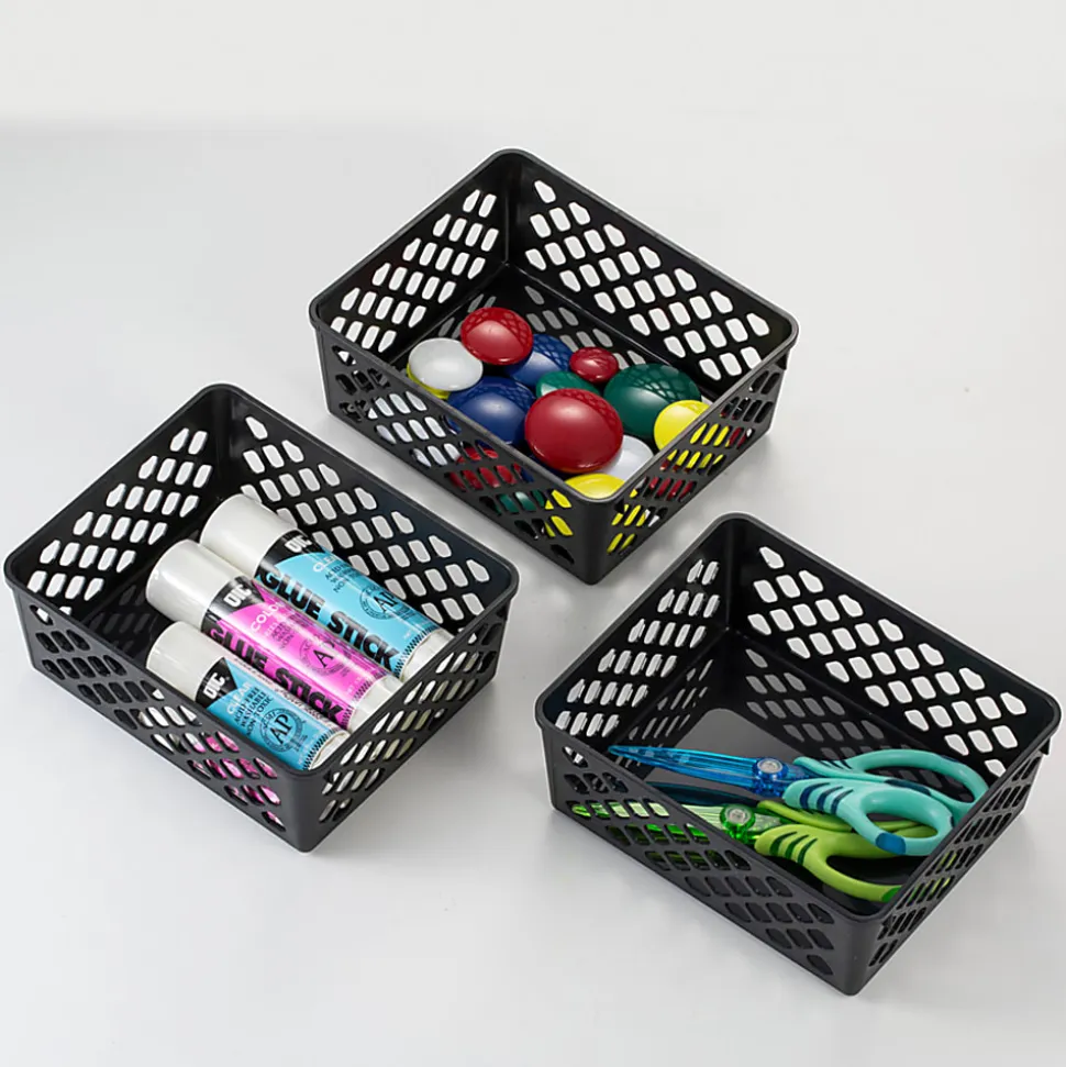 OIC® Plastic Supply Baskets, Small Size, 2 3/8" x 6 1/8" x 5", 30% Recycled, Black, Pack Of 3