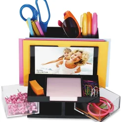 OIC VersaPlus Plastic 9-Compartment Desk Organizer, 5 1/2"H x 6 1/4"W x 6 5/16"D, Black/Clear