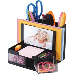 OIC VersaPlus Plastic 9-Compartment Desk Organizer, 5 1/2"H x 6 1/4"W x 6 5/16"D, Black/Clear