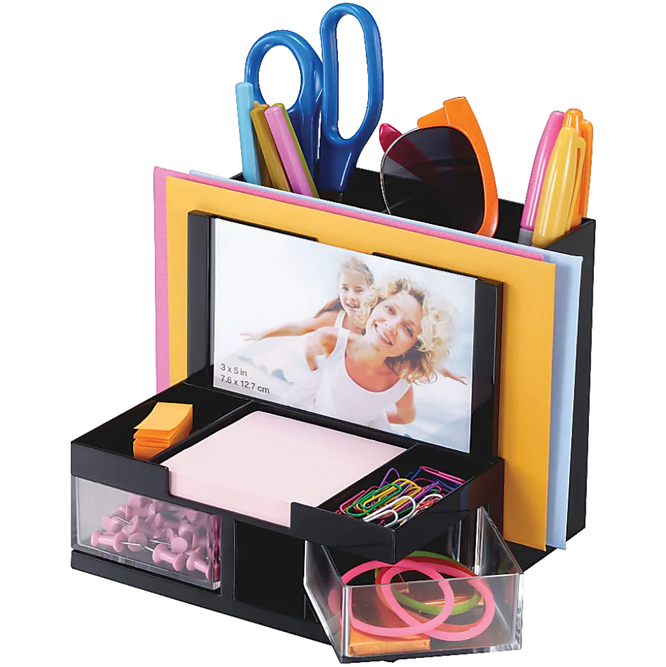 OIC VersaPlus Plastic 9-Compartment Desk Organizer, 5 1/2"H x 6 1/4"W x 6 5/16"D, Black/Clear