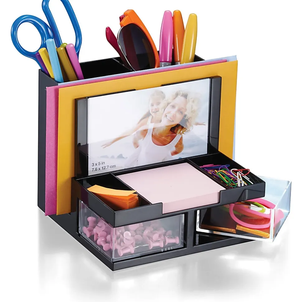 OIC VersaPlus Plastic 9-Compartment Desk Organizer, 5 1/2"H x 6 1/4"W x 6 5/16"D, Black/Clear