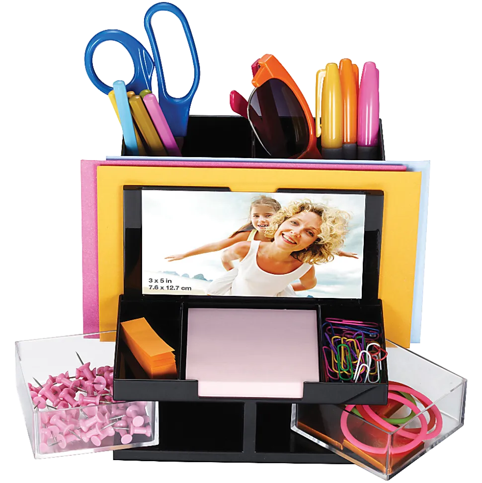 OIC VersaPlus Plastic 9-Compartment Desk Organizer, 5 1/2"H x 6 1/4"W x 6 5/16"D, Black/Clear