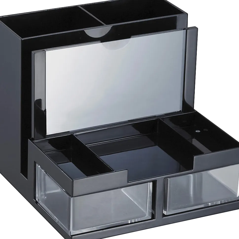 OIC VersaPlus Plastic 9-Compartment Desk Organizer, 5 1/2"H x 6 1/4"W x 6 5/16"D, Black/Clear