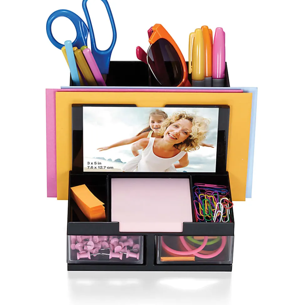 OIC VersaPlus Plastic 9-Compartment Desk Organizer, 5 1/2"H x 6 1/4"W x 6 5/16"D, Black/Clear