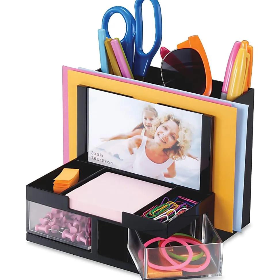OIC VersaPlus Plastic 9-Compartment Desk Organizer, 5 1/2"H x 6 1/4"W x 6 5/16"D, Black/Clear