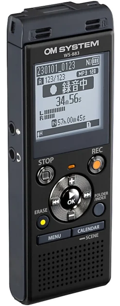 OM System WS883 Digital Voice Recorder, 4-7/16”H x 1-13/16”W x 7”D, Black