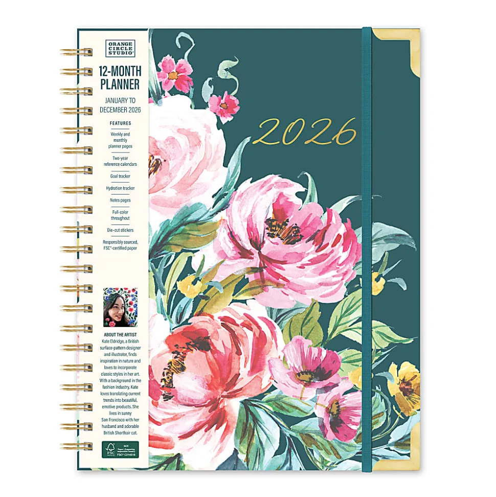 2026 Orange Circle Studio Deluxe Extra-Large Weekly/Monthly Spiral Planner, 11-3/16" x 9-3/16", Bella Flora, January To December, 26432
