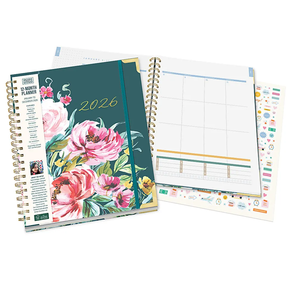 2026 Orange Circle Studio Deluxe Extra-Large Weekly/Monthly Spiral Planner, 11-3/16" x 9-3/16", Bella Flora, January To December, 26432