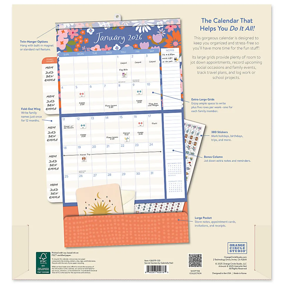 2026 Orange Circle Studio Do It All Monthly Wall Calendar, 12-13/16" x 12-1/4", Secret Garden, January To December, 26079