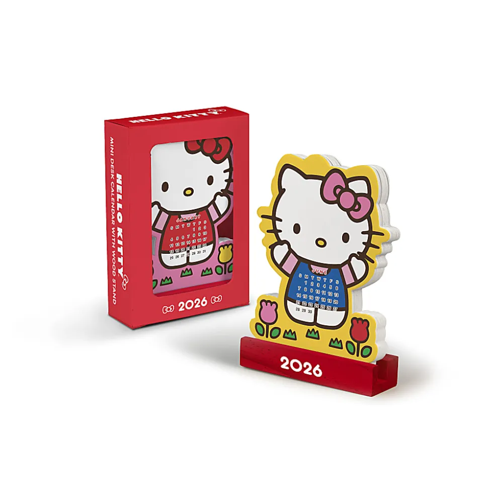2026 Orange Circle Studio Mini Monthly Desk Calendar With Wood Stand, 5-1/4" x 3-3/4", Hello Kitty Playful Pink, January To December, 26210