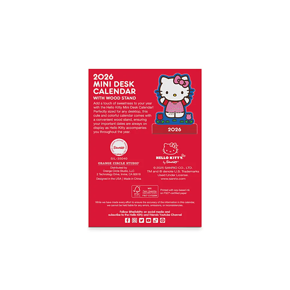 2026 Orange Circle Studio Mini Monthly Desk Calendar With Wood Stand, 5-1/4" x 3-3/4", Hello Kitty Playful Pink, January To December, 26210