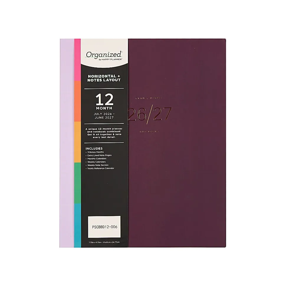 Organized by Happy Planner 12-Month Monthly/Weekly Classic Book Bound Soft Planner, 7-3/4" x 9-3/4", Burgundy, July 2026 - June 2027, Total Qty 1