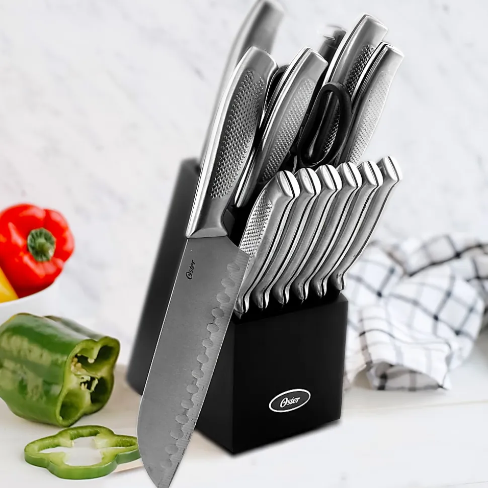 Oster Edgefield 14-Piece Stainless-Steel Cutlery Knife Set With Knife Block, Silver/Black