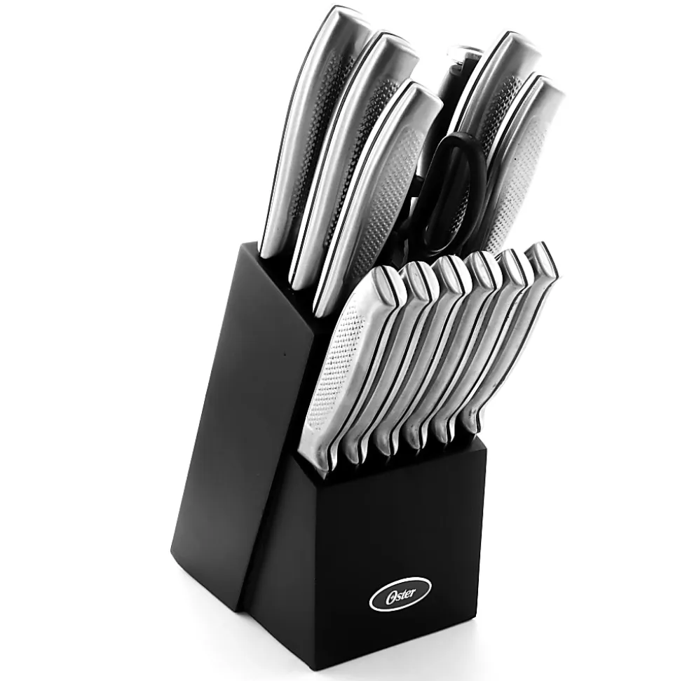 Oster Edgefield 14-Piece Stainless-Steel Cutlery Knife Set With Knife Block, Silver/Black