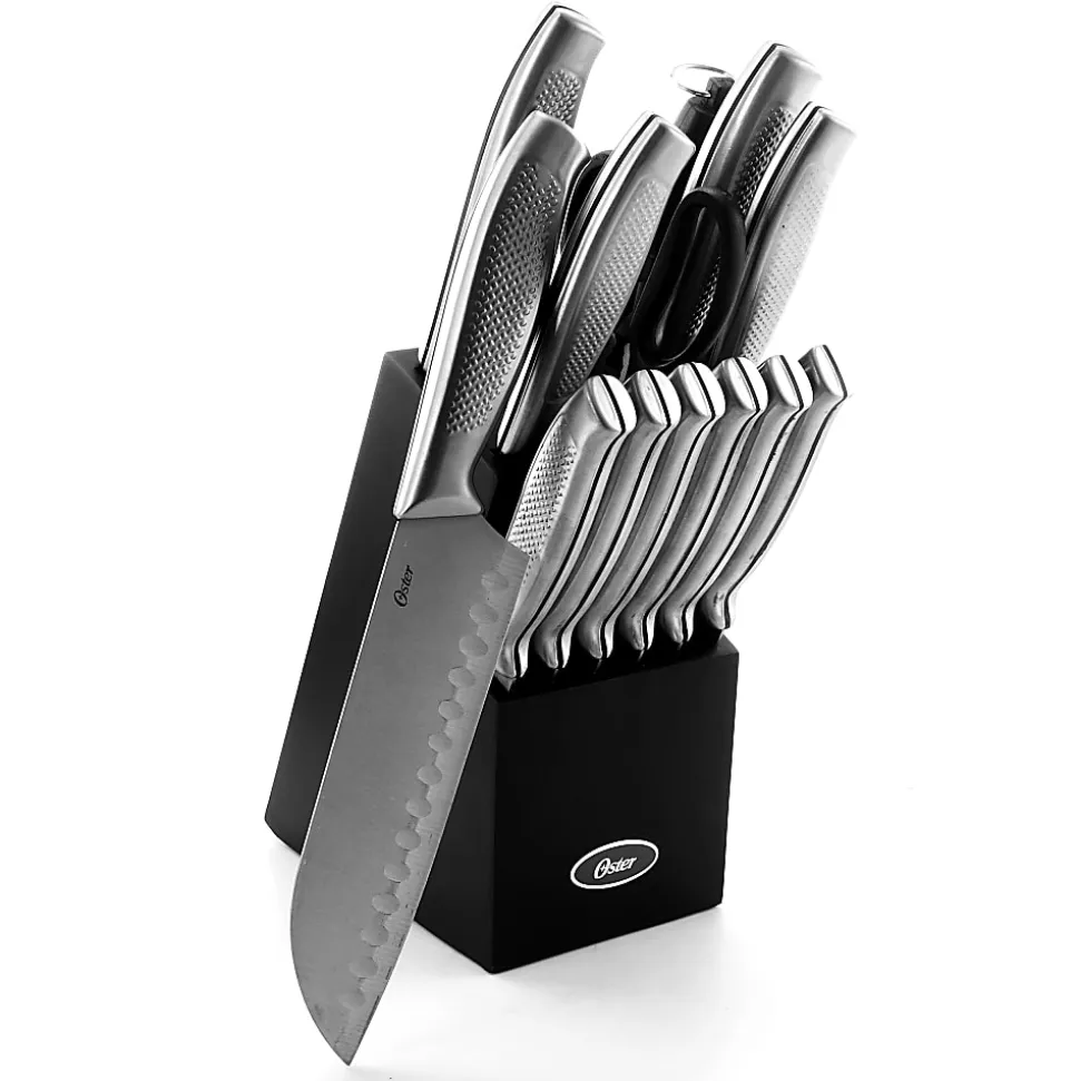 Oster Edgefield 14-Piece Stainless-Steel Cutlery Knife Set With Knife Block, Silver/Black