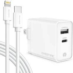 Overtime Dual-Port Wall Charger And 6' Apple MFi Lightning Cable, White