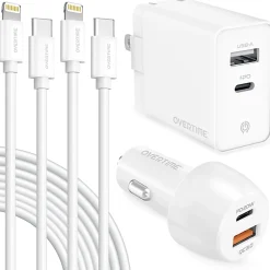 Overtime 4-Piece Wall And Car Charger Kit, 10', White