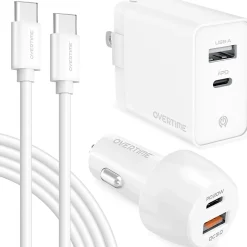 Overtime Wall And Car Charger Kit, 6', White, OHC6TC