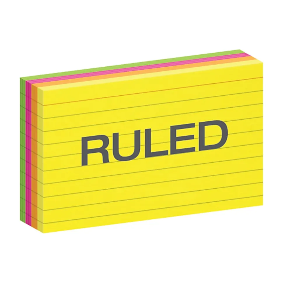 Oxford® Neon Index Cards, 3" x 5", Ruled, Assorted Colors, 100 Per Pack