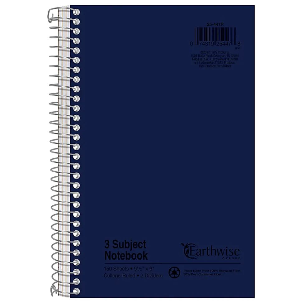 Oxford® 3-Subject Wirebound Notebook, 6" x 9 1/2", 150 Sheets, 30% Recycled, Assorted Colors