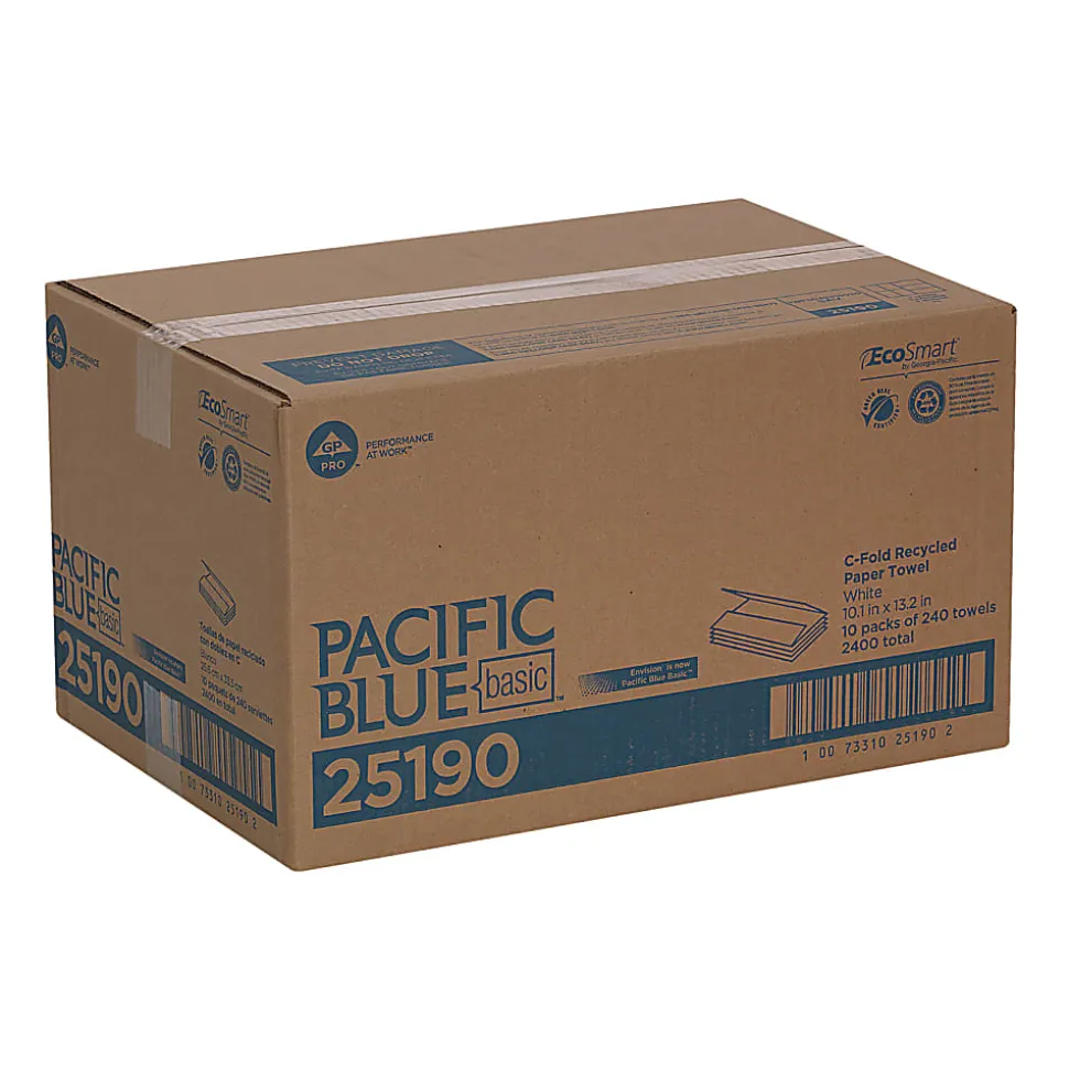 Pacific Blue Basic® by GP PRO, 1-Ply, C-Fold Paper Towels, 10.1" X 12.7", 100% Recycled, White, 240 Sheets per Pack, 10 Packs Per Case