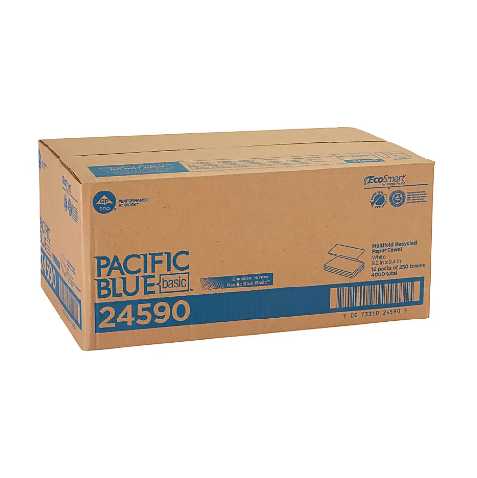 Pacific Blue Basic® by GP PRO, 1-Ply, Multifold Paper Towels, 9.2" X 9.4", 100% Recycled, White, 250 Sheets per Pack, 16 Packs Per Case