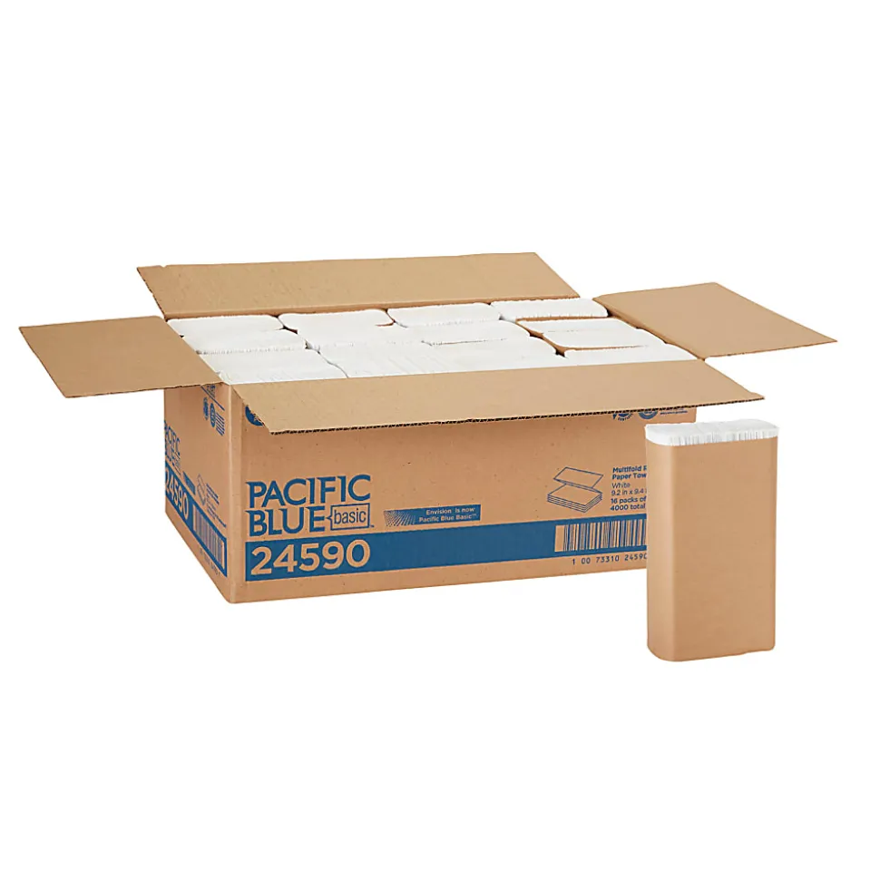 Pacific Blue Basic® by GP PRO, 1-Ply, Multifold Paper Towels, 9.2" X 9.4", 100% Recycled, White, 250 Sheets per Pack, 16 Packs Per Case
