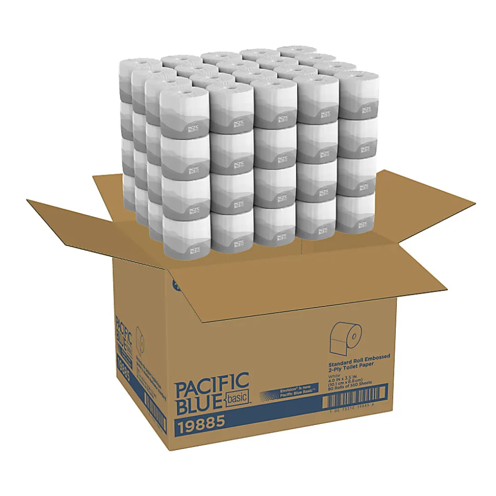 Pacific Blue Basic® by GP PRO, 2 Ply, Standard Roll Embossed Toilet Paper, 4x3.8, 100% Recycled, White, 550 Sheets, 80 Rolls per Case