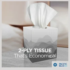 Pacific Blue Basic® 2-Ply Facial Tissues, Cube Box, White, 100% Recycled Fiber, 86 Tissues Per Box, 36 Boxes Per Case