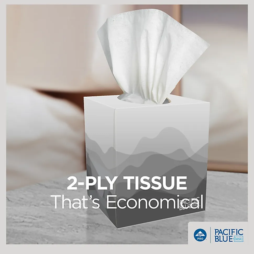 Pacific Blue Basic® 2-Ply Facial Tissues, Cube Box, White, 100% Recycled Fiber, 86 Tissues Per Box, 36 Boxes Per Case