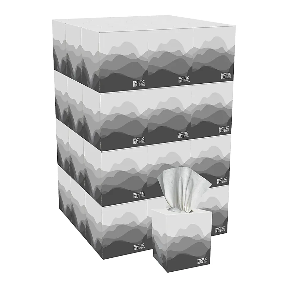 Pacific Blue Basic® 2-Ply Facial Tissues, Cube Box, White, 100% Recycled Fiber, 86 Tissues Per Box, 36 Boxes Per Case