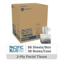 Pacific Blue Basic® 2-Ply Facial Tissues, Cube Box, White, 100% Recycled Fiber, 86 Tissues Per Box, 36 Boxes Per Case