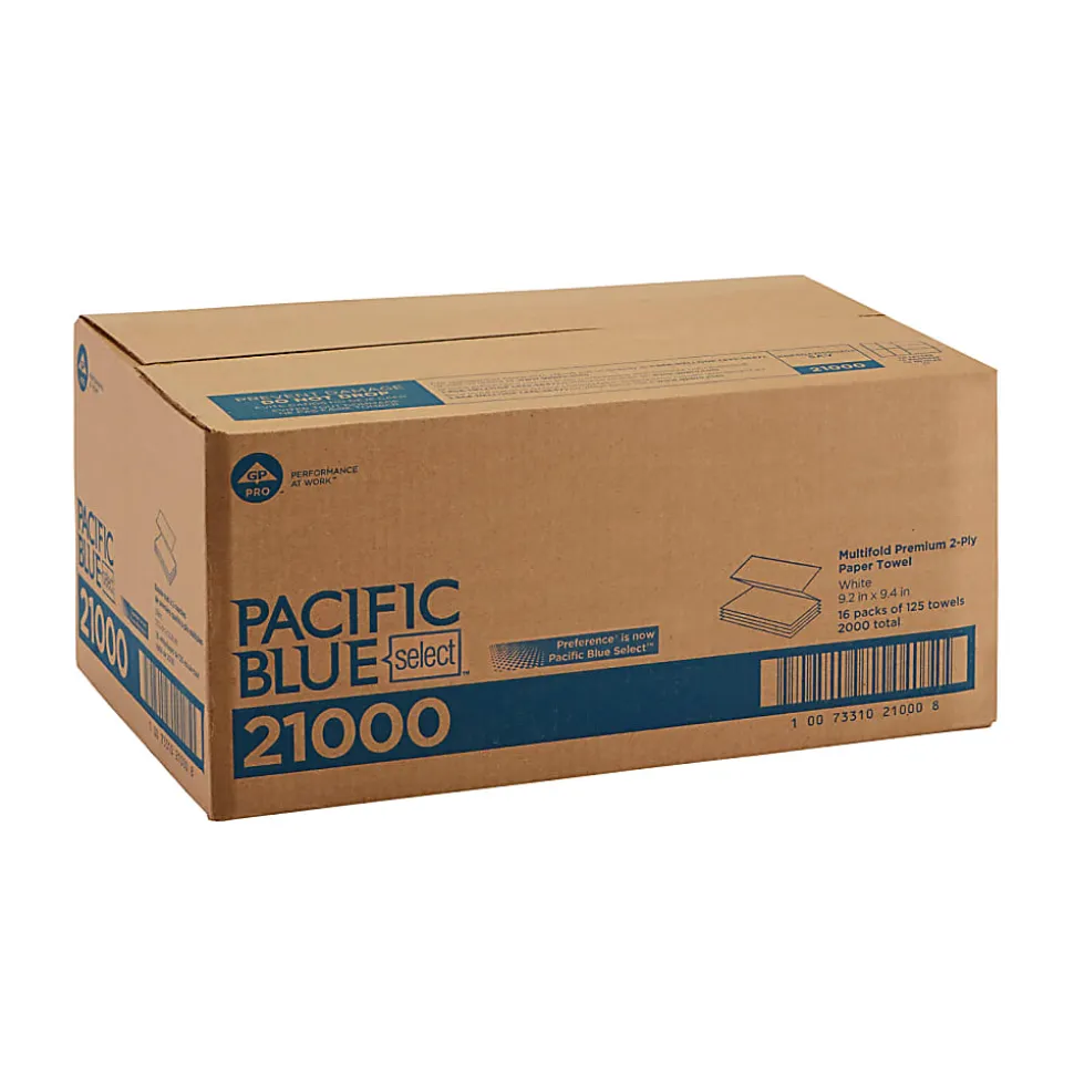 Pacific Blue Select® Premium Multi-Fold Paper Towels, 2-Ply, 9.2"Wx9.4"L, White, 2000 Count (125 Towels Per Pack, 16 Packs Per Case)