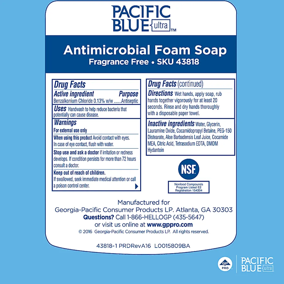 Pacific Blue Ultra® Antimicrobial Foam Hand Soap Refills for Manual Dispensers, Dye & Fragrance Free, 1200mL per Bottle, Case of 4 Bottles (4800 mL)