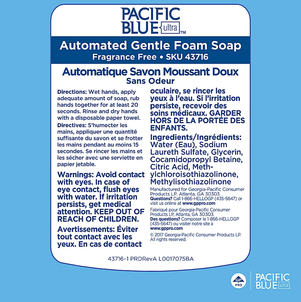 Pacific Blue Ultra® Gentle Foam Hand Soap Refills for Automated Dispensers, Dye & Fragrance Free, 1200 mL (40.58 Oz), 3 Bottles per Case