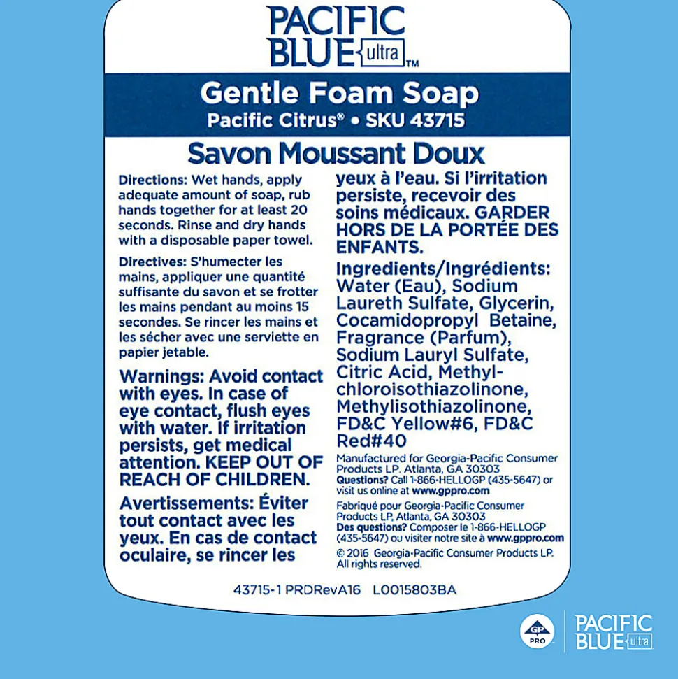 Pacific Blue Ultra® Gentle Foam Hand Soap Refills for Manual Dispensers, Pacific Citrus®, 1200 mL (40.58 Oz), 4 Bottles Per Case