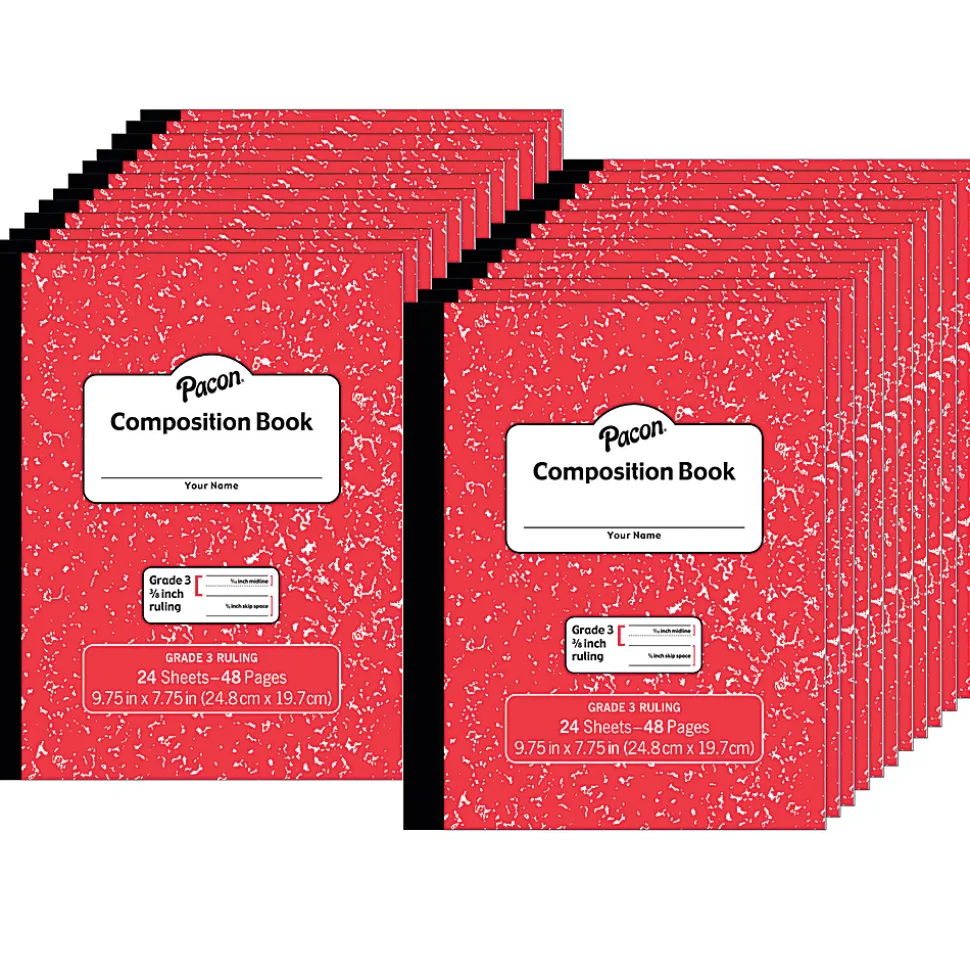 Pacon® Composition Books, Grade 3, 9-3/4" x 7-1/2", Primary Ruled, 24 Sheets, Red Marble, Pack Of 24 Books