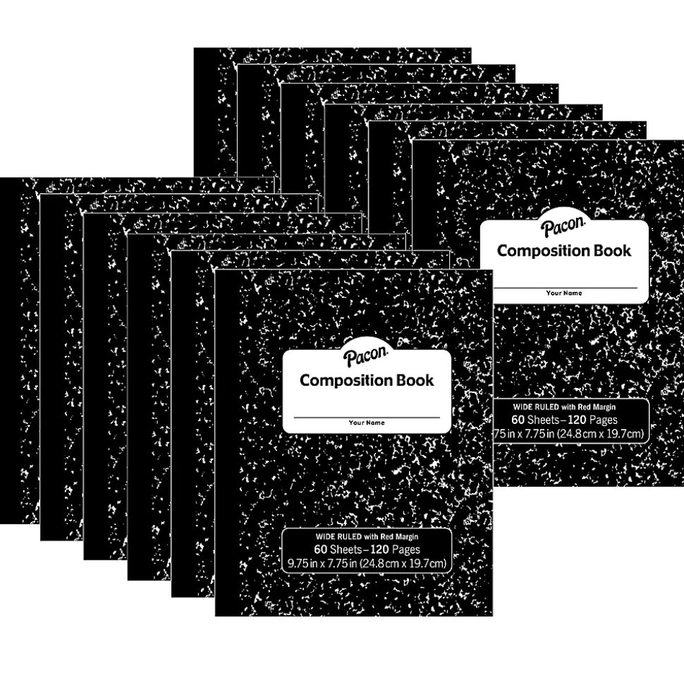 Pacon® Composition Books, 9-3/4" x 7-3/4", Wide Ruled, Black Marble, 60 Sheets, Pack Of 12 Books